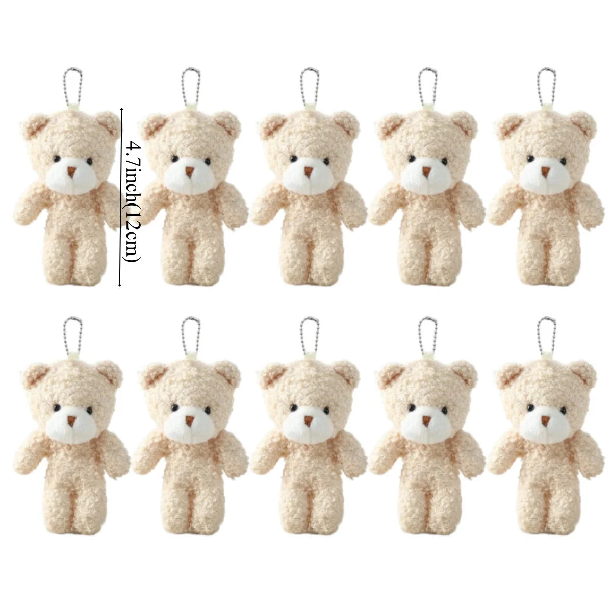 A set of nine fluffy beige teddy bear plush toys with attached keychains.