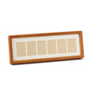 A rectangular wooden photo frame display stand with a light wood border and six individual rectangular slots.