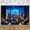 A panoramic view of the Night City skyline at dusk through a large window, framed by dark curtains and modern lighting.