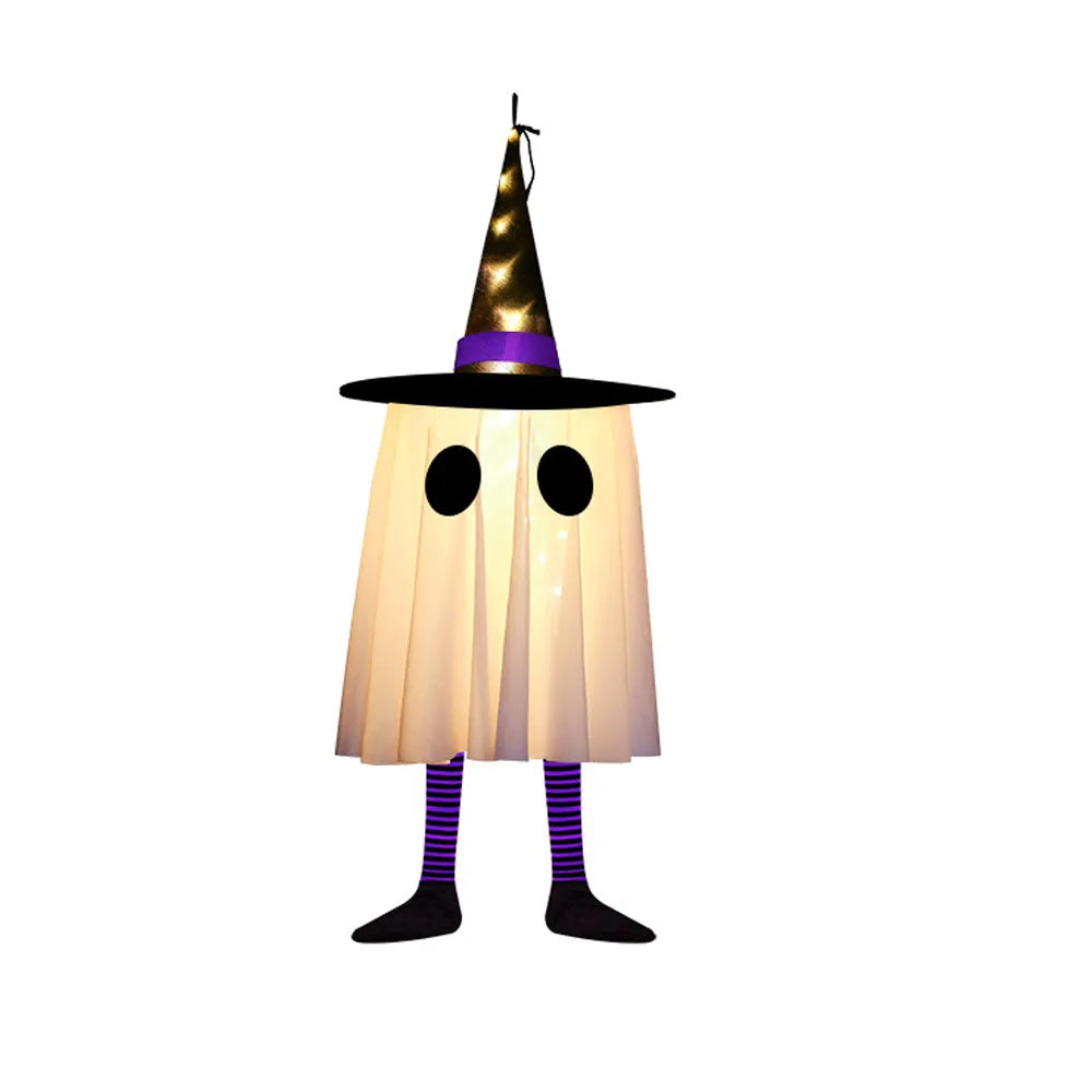 Halloween hanging ghost lights featuring a witch hat and ghostly face design