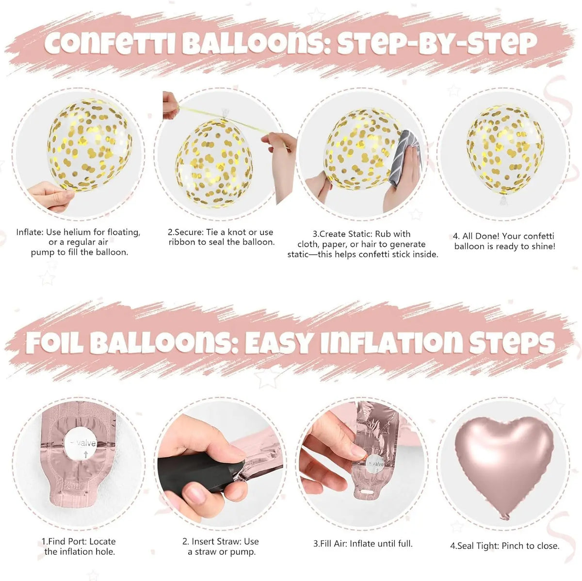 Step-by-step instructions for inflating confetti balloons and foil balloons.