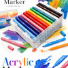 A box of acrylic marker pens in various colors and shades displayed on a white background.