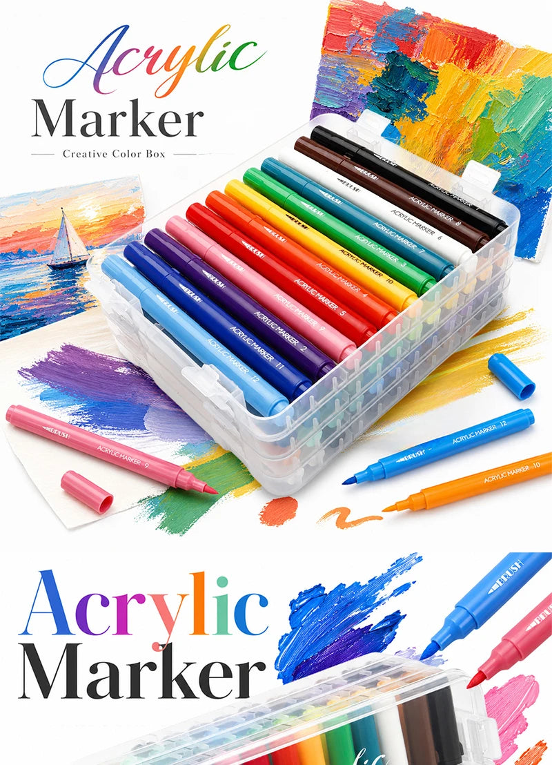 A box of acrylic marker pens in various colors and shades displayed on a white background.