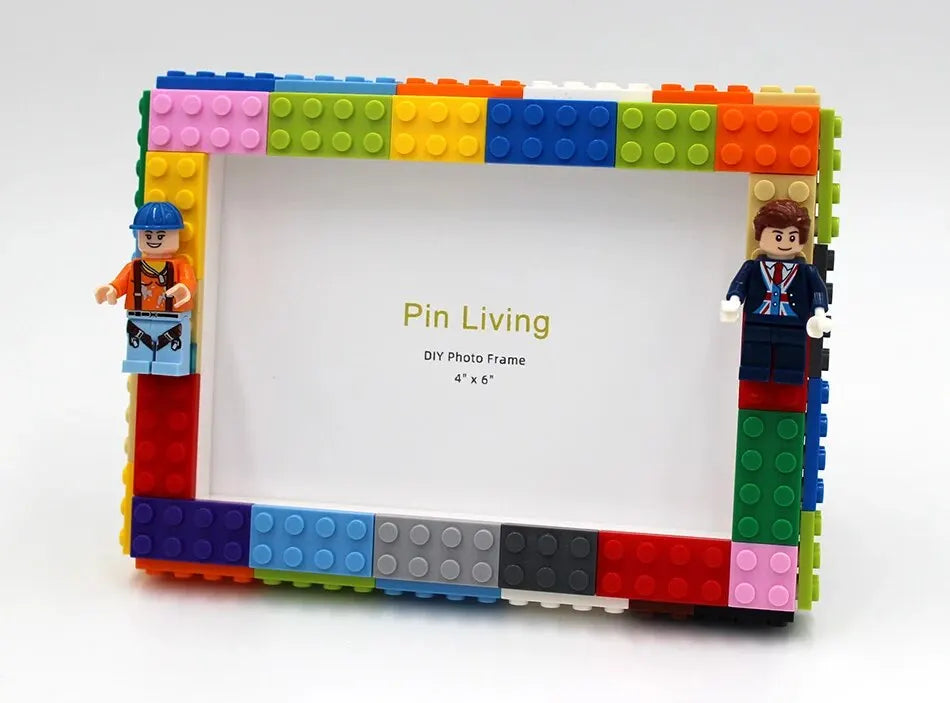 A colorful building block photo frame kit featuring a white frame and various colored plastic blocks.