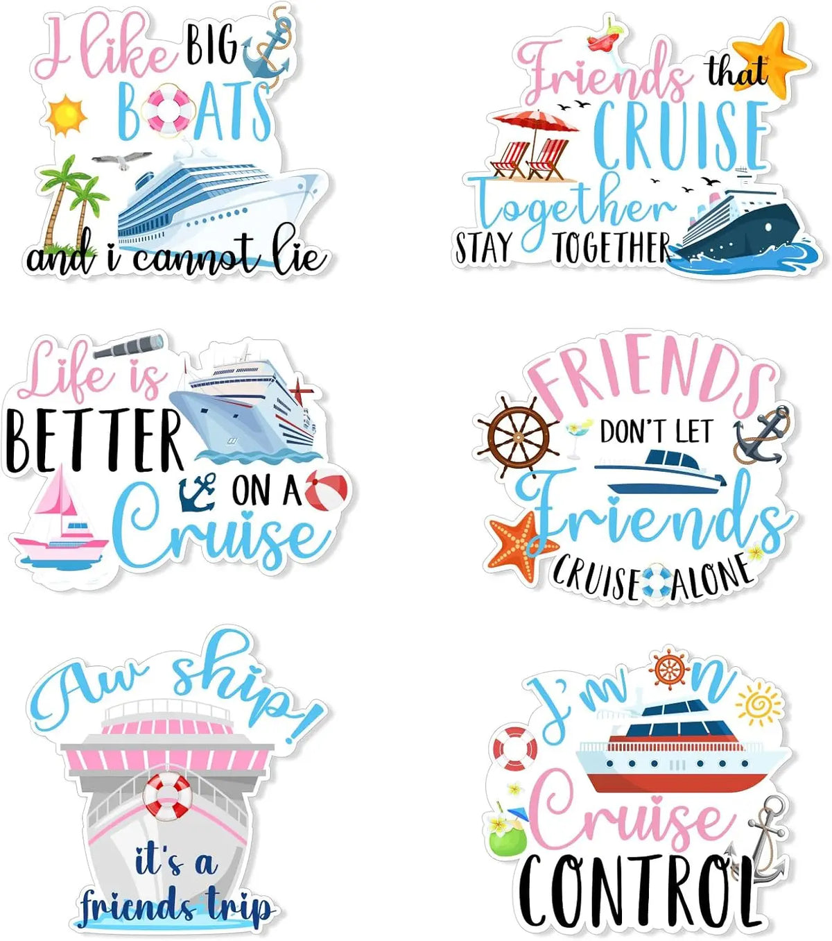 A set of magnetic door decorations featuring phrases about friends and cruises.