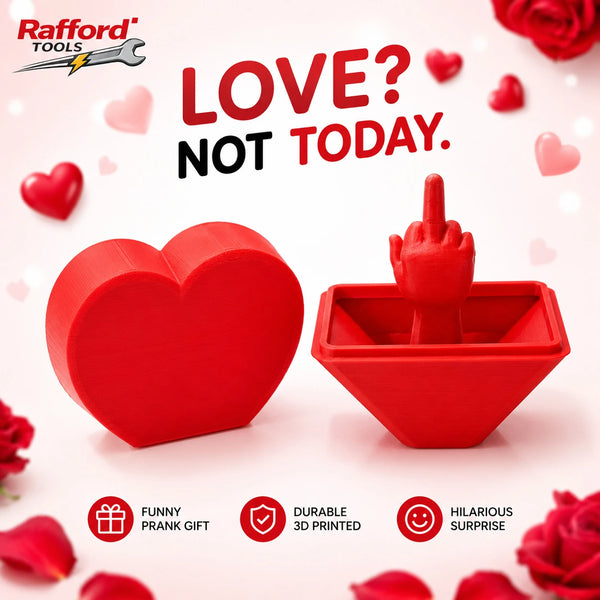 A red 3D printed heart surprise box with a finger poking out, presented as a funny prank gift.