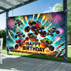 A large banner featuring monster trucks exploding with fireworks and the text Happy Birthday.