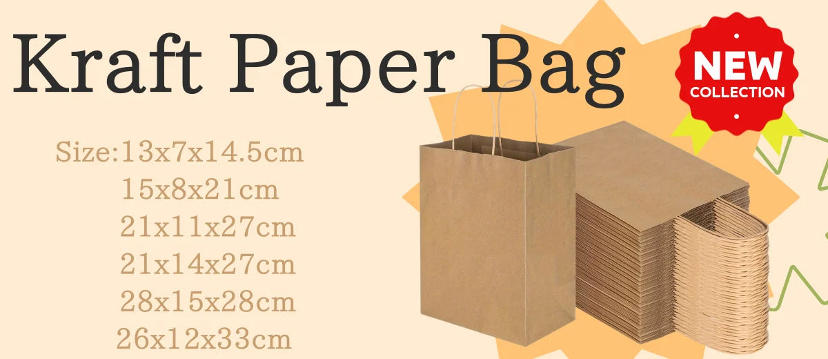 Various sizes of kraft paper bags and crinkle cut paper filler products are displayed.