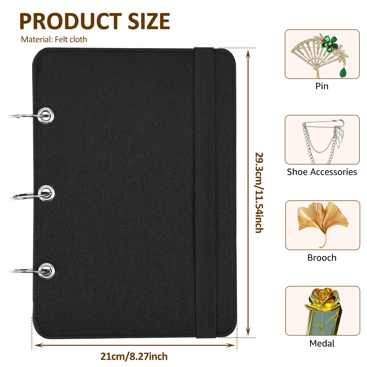 Black felt cloth display panel with various accessories including a pin, shoe accessories, brooch, and medal.