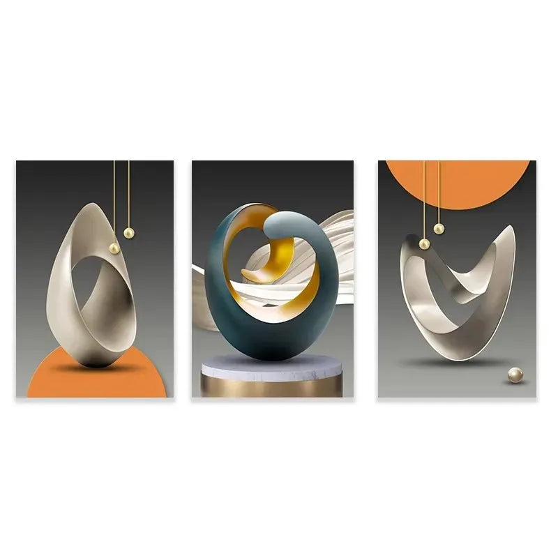 Un ensemble de trois œuvres d'art murales abstraites géométriques en marbre, dans des tons argent, sarcelle et or.