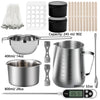 A complete candle making kit featuring a stainless steel melting pot, pouring pitcher, and various tools.