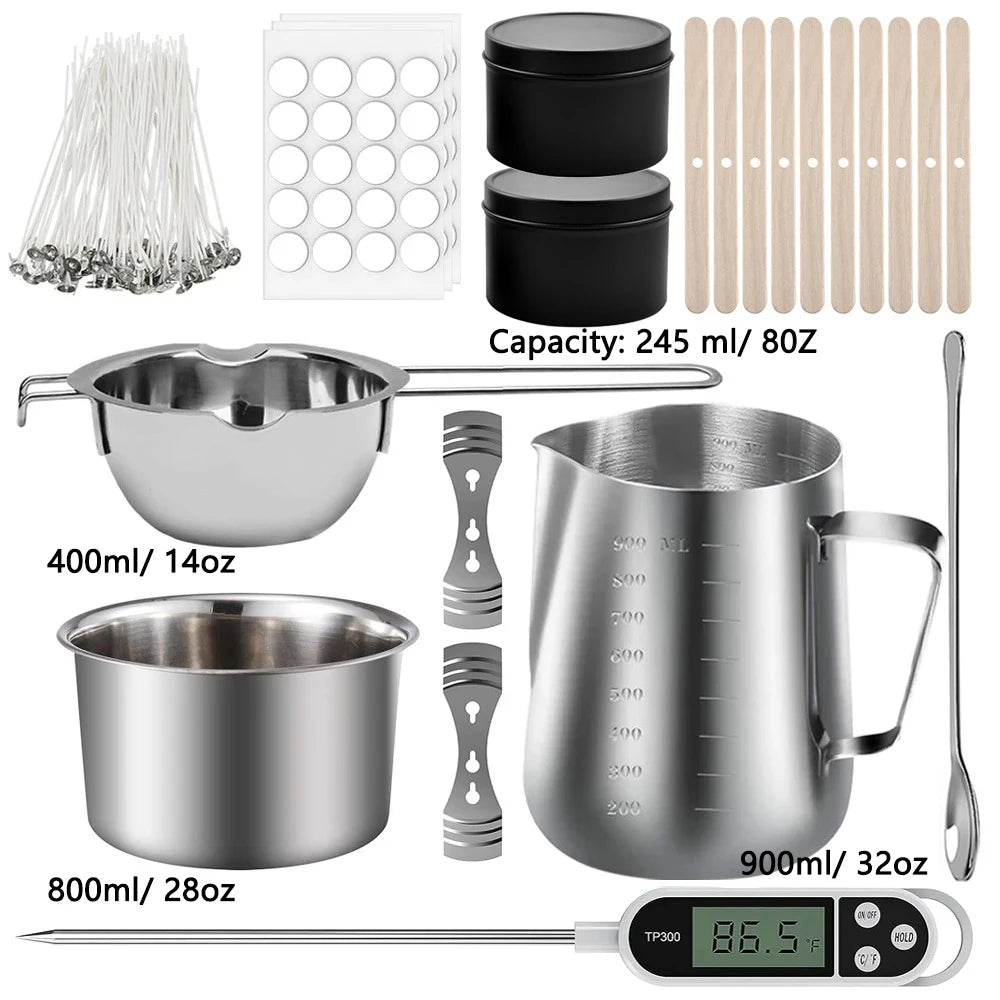 A complete candle making kit featuring a stainless steel melting pot, pouring pitcher, and various tools.