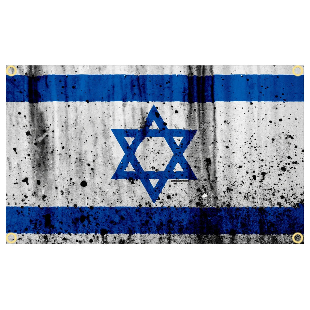 A banner featuring the flag of Israel with horizontal blue and white stripes and a blue Star of David on a distressed backgro