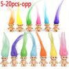 A collection of 5 to 20 mini retro troll doll figures in various bright colors like orange, yellow, green, pink, and blue.