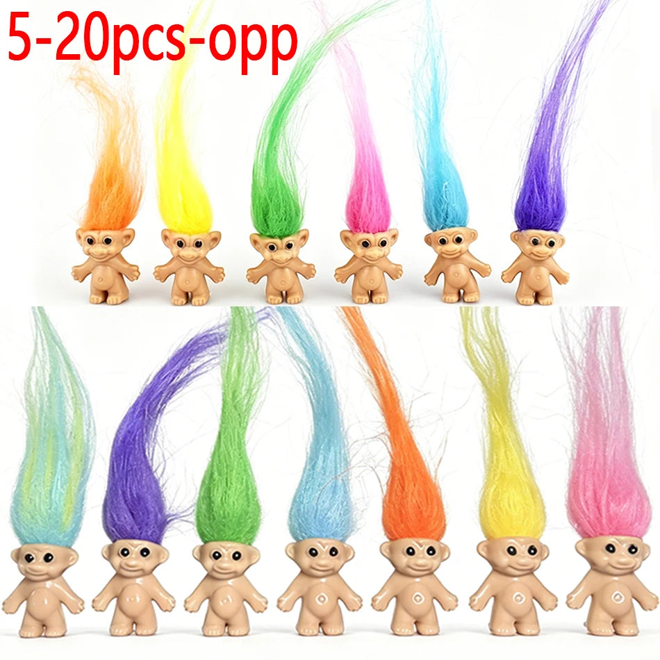 A collection of 5 to 20 mini retro troll doll figures in various bright colors like orange, yellow, green, pink, and blue.