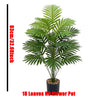 Artificial palm tree with 18 green monstera leaves in a black pot for indoor floor decor
