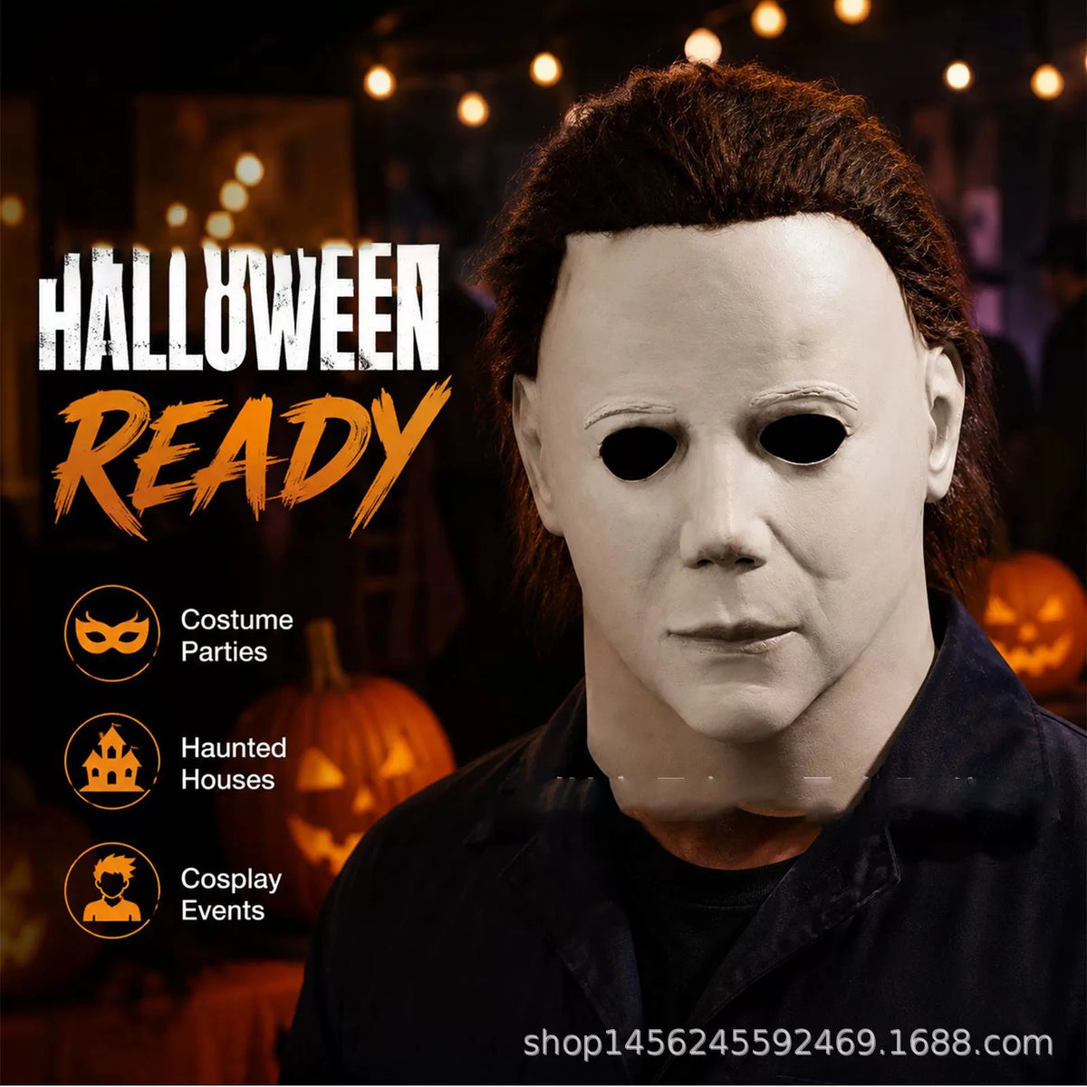 A close-up of a person wearing a pale, ghostly latex mask with dark features, promoting Halloween ready costume parties and h