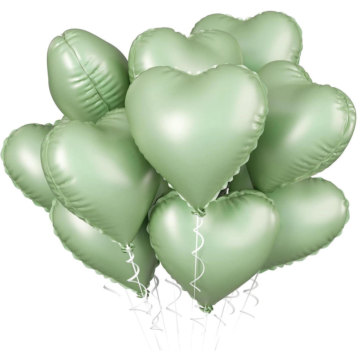 A cluster of light green heart-shaped foil balloons tied together for a celebration.