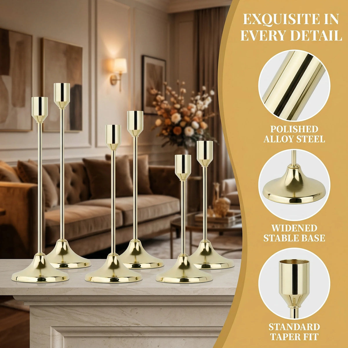 A set of polished brass metal taper candle holders displayed on a marble surface in a living room setting.