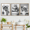Un ensemble de trois tirages d'art sur toile encadrés représentant des chats dans diverses poses et décors pour la décoration