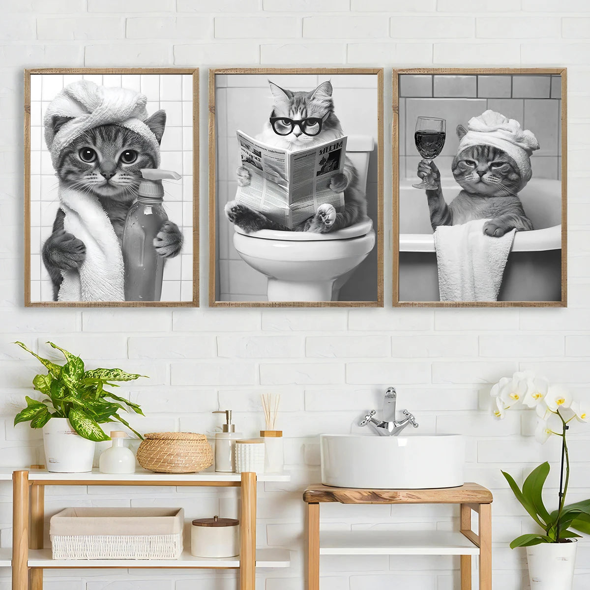 Un ensemble de trois tirages d'art sur toile encadrés représentant des chats dans diverses poses et décors pour la décoration