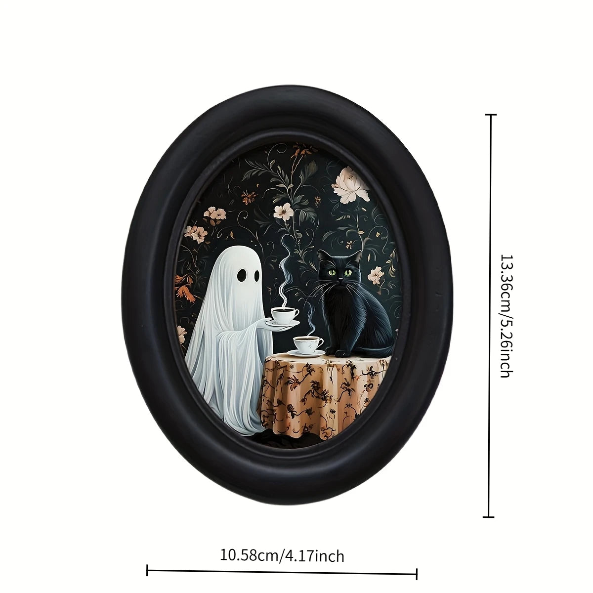 Oval framed wall art depicting a ghostly figure and a black cat in a dark floral setting