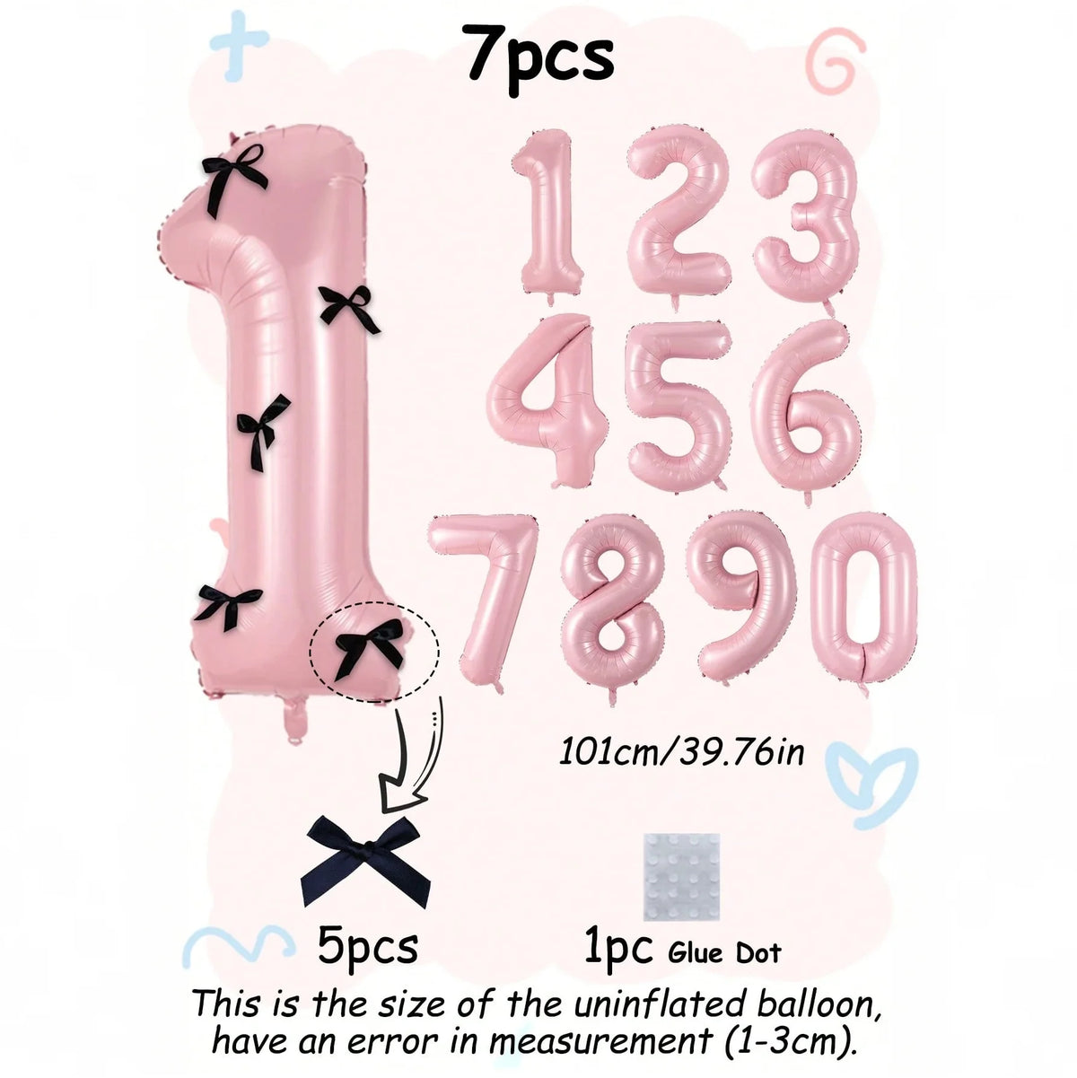 A set of seven pink foil balloons shaped like numbers 1 through 0 with black bows.