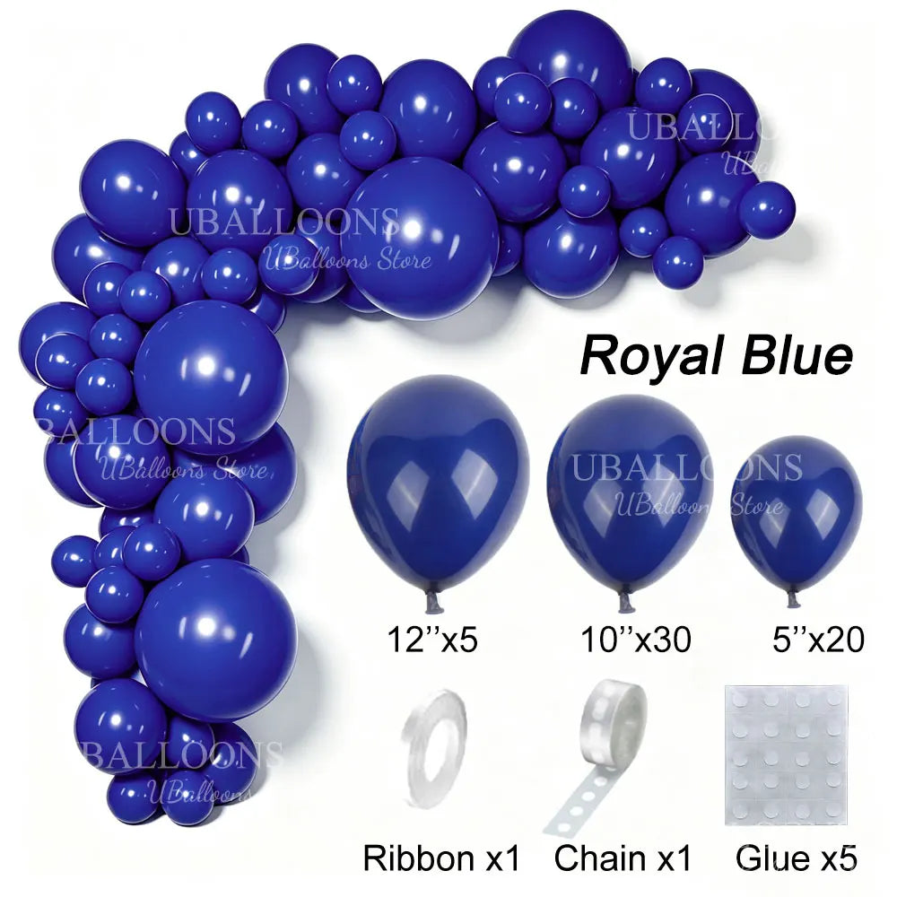 A collection of royal blue latex balloons, ribbon, chain, and glue for party decor.