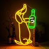 A neon sign shaped like a dachshund dog with a bottle, glowing bright green against a dark background.