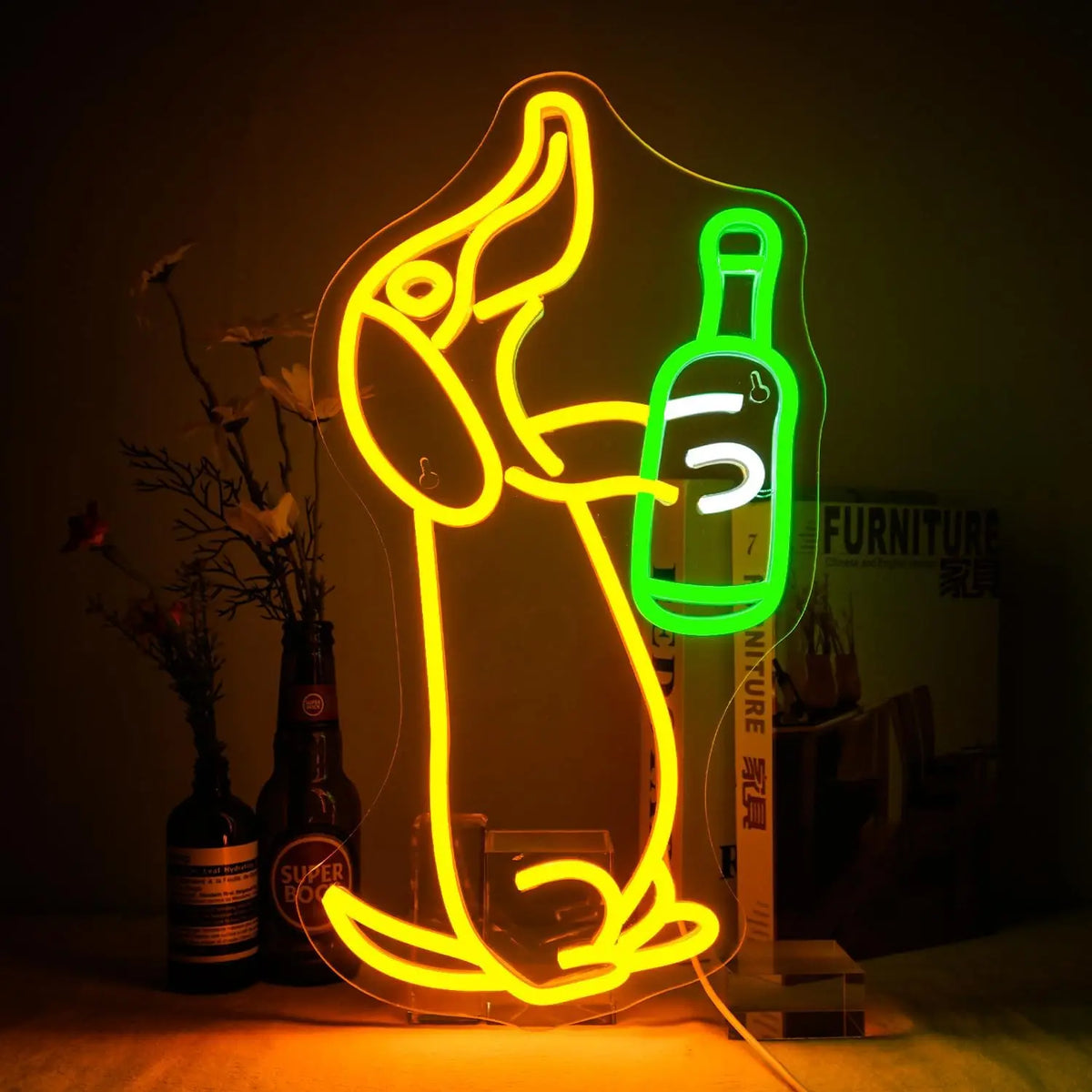 A neon sign shaped like a dachshund dog silhouette glowing bright yellow on a dark background.