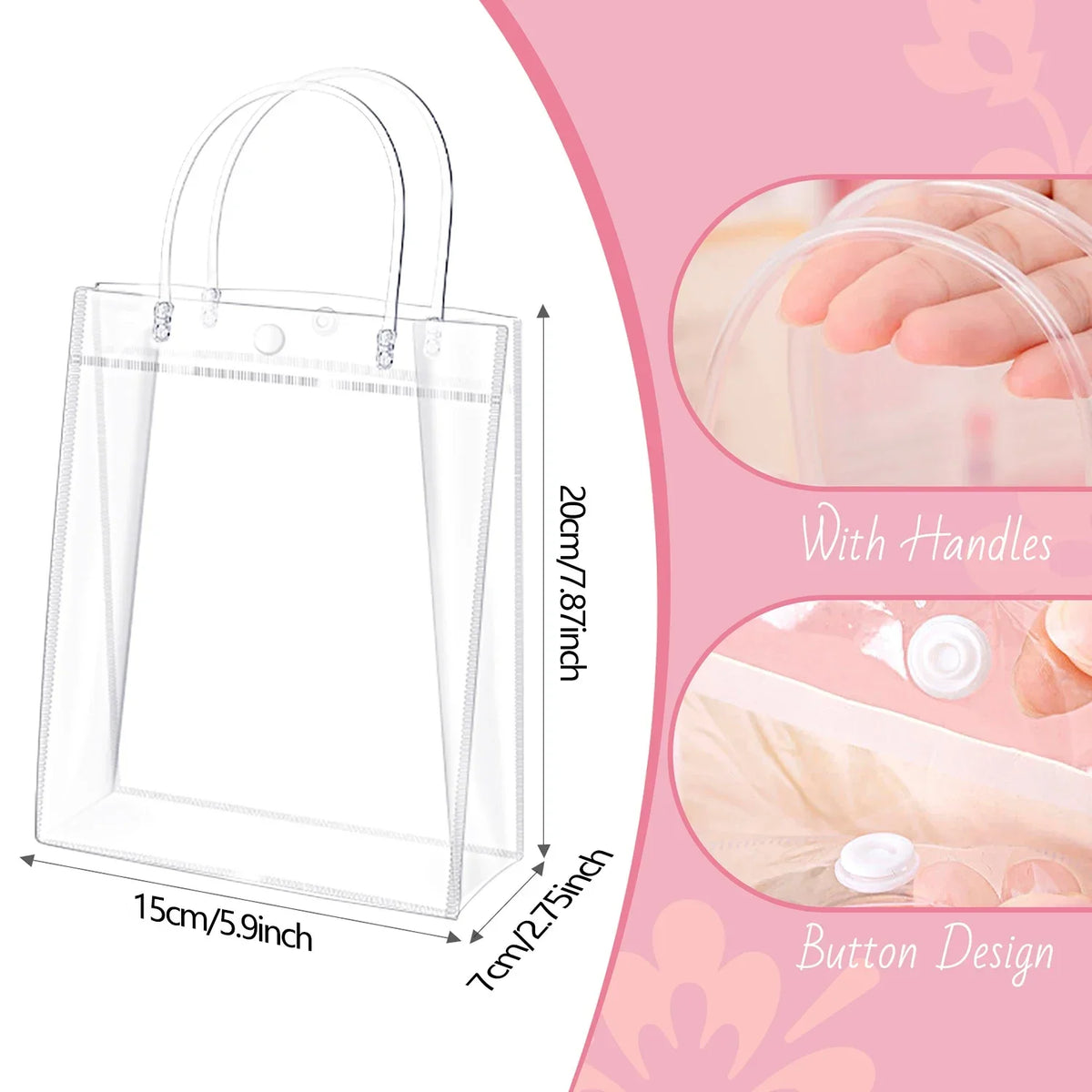 Clear reusable PVC gift bags with handles and button design shown in various angles