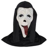 A white horror mask with a black hood and a tongue sticking out, designed for Halloween and cosplay.