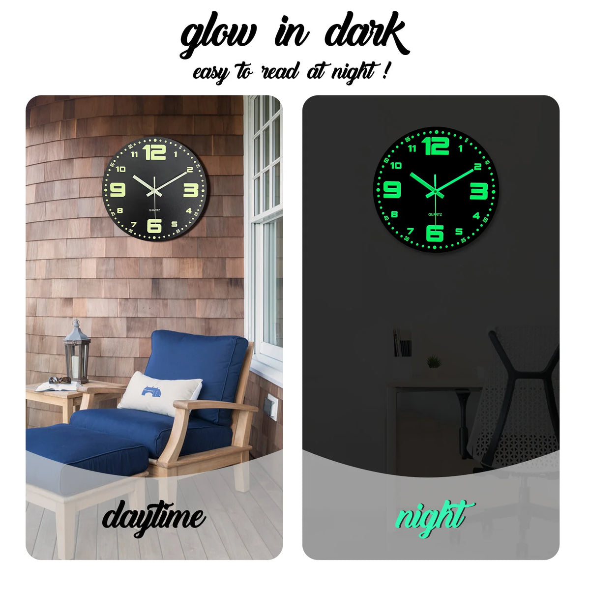 A glow-in-the-dark wooden wall clock showing 12 o'clock and a night display.