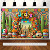 A vibrant Mexican fiesta backdrop featuring colorful cacti, flowers, and decorative elements.