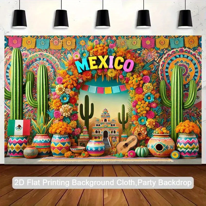 A vibrant Mexican fiesta backdrop featuring colorful cacti, flowers, and decorative elements.