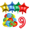A set of colorful foil balloons shaped like stars and a red number nine for a birthday party