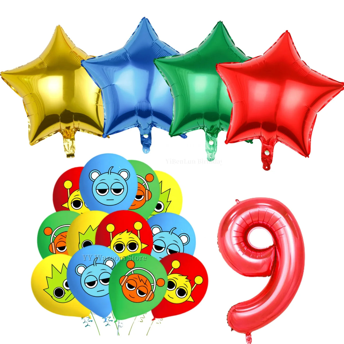 A set of colorful foil balloons shaped like stars and a red number nine for a birthday party