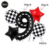 A set of five black and white checkered balloons, a red star balloon, and a large black number nine balloon.