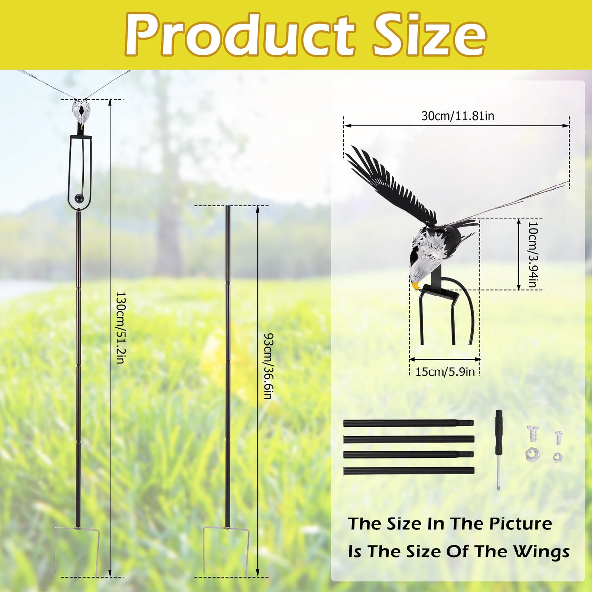 A wind spinner garden decoration showing the size of the wings and the overall length of the product.