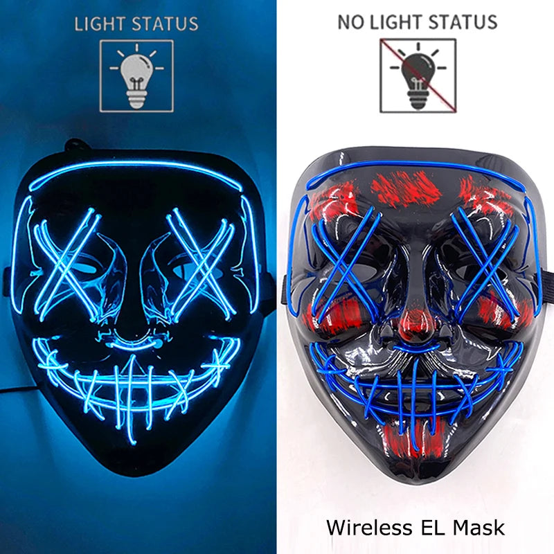 A black EL mask with glowing blue wire details, shown in both light and no light status.