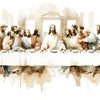 Watercolor painting depicting Jesus and his disciples gathered around a table.