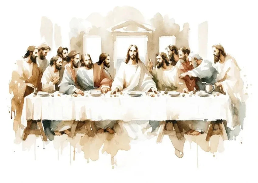Watercolor painting depicting Jesus and his disciples gathered around a table.