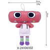 A pink plush toy resembling a face with large black eyes and a stitched mouth, wearing a white outfit and striped purple legs