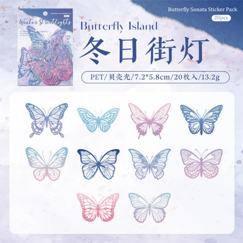 A collection of 20 butterfly stickers in various colors and designs for journaling and crafts.