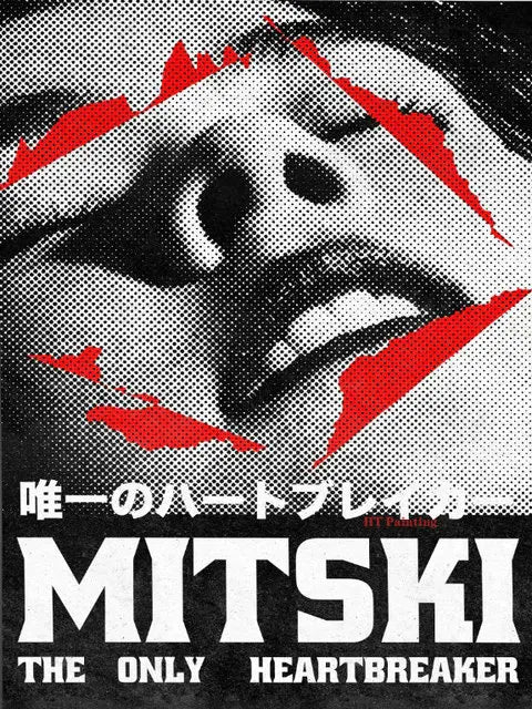 Black and white halftone portrait of Mitski with red accents, featuring the title The Only Heartbreaker.