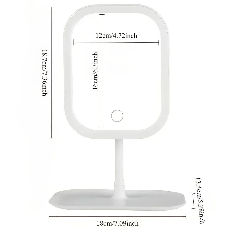 A white LED touch makeup mirror with a round base and rectangular mirror surface.