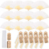 Elegant paper hand fans with yellow and white petals shown alongside gift bags and thank you cards