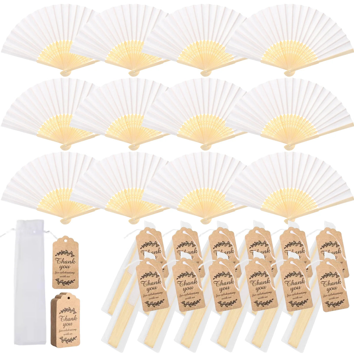 Elegant paper hand fans with yellow and white petals shown alongside gift bags and thank you cards
