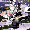 Anime style illustration of a character with dark hair and white clothing wielding a sword amidst swirling purple and pink li