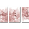 Set of three canvas art prints featuring Islamic calligraphy phrases on a soft pink floral background